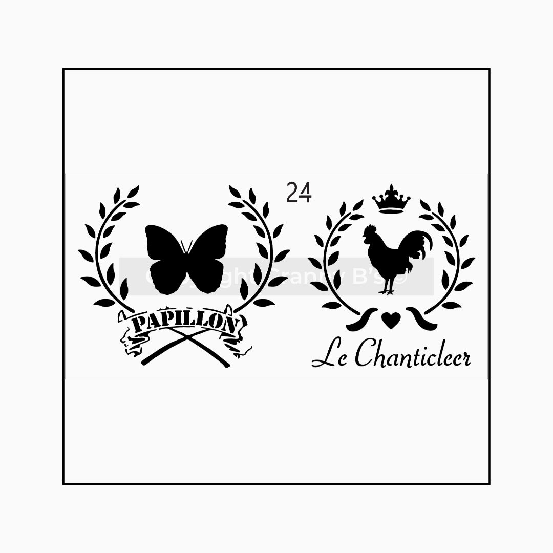 Papillon and Chanticleer Wreath Stencil - Granny B's Old Fashioned Paint