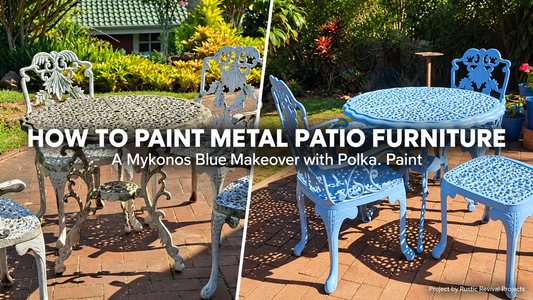 Before and after Mykonos blue metal patio furniture makeover with Polka Paint.