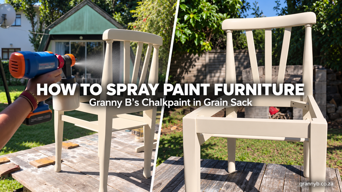 Granny B’s Chalkpaint in Grain Sack being sprayed onto a wooden chair frame beside the painted chair frame.