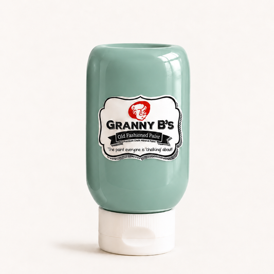 Granny B’s Teacup Green chalk paint in a 250ml squeeze bottle with a white cap