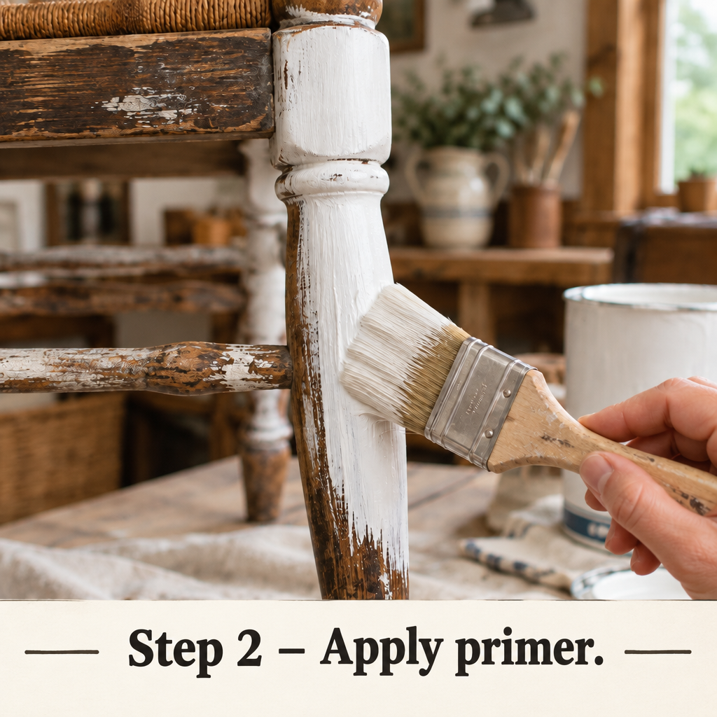 Step 2: brushing white Block & Tackle stain blocking primer onto a wooden chair leg