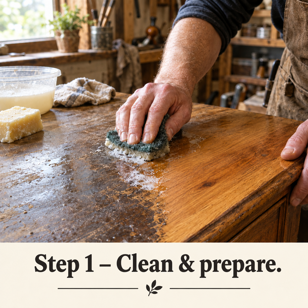 Step 1: cleaning and preparing a wooden tabletop before applying Granny B’s Block & Tackle primer